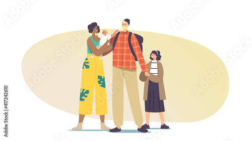 Interracial Parents and Kids. Multicultural and Multiracial Happy Family Characters and Mixed Children Holding Hands