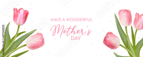 Mother Day Greeting card. Vector floral spring background. Realistic tulip flowers design for Mom