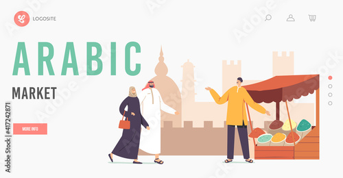 Arabic Market Landing Page Template. Local Male and Female Couple Characters in Arab Dress Walking at Stall with Spices