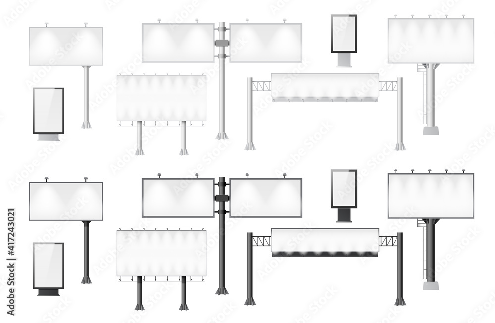 Street billboards, placards and signboards set. Empty 3d advertising banners mockups Street billboards, placards and signboards set. Empty 3d advertising banners mockups