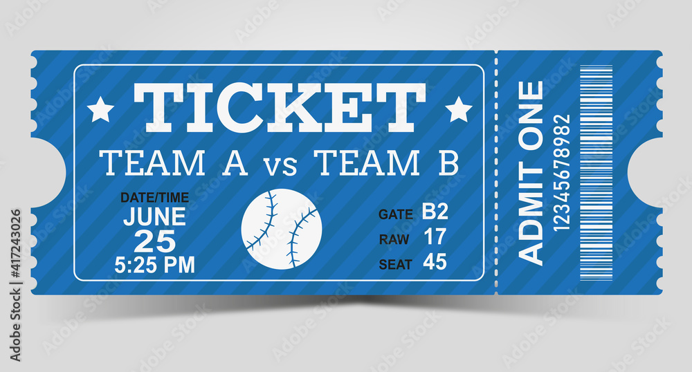 Sports Ticket Card. modern element vector design. Baseball ticket design template. Card invitation, game team, event and date, location and place sector. vector illustration - obrazy, fototapety, plakaty 