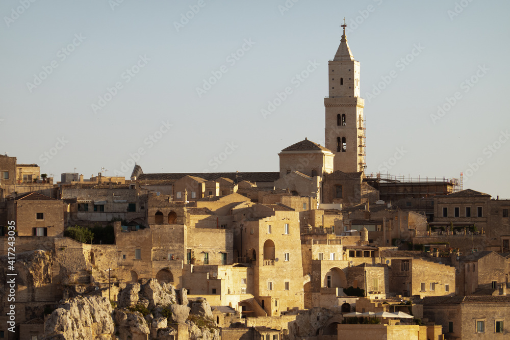 Matera, Basilicata,Italy - July 31 2020
Panoramic view of the ancient town of Matera (Sassi di Matera). European Capital of Culture 2019, UNESCO World Heritage Site.