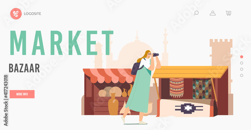 Arabic Bazaar Landing Page Template. Tourists Female Character with Photo Camera Visit Arab Market Walking along Stalls