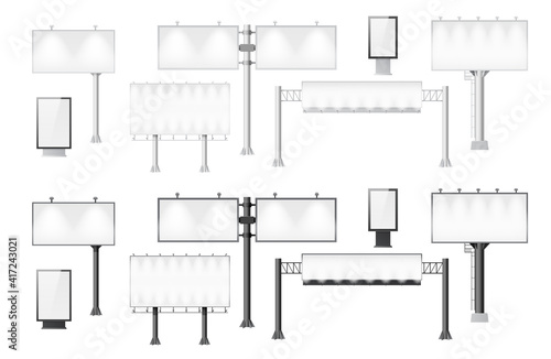 Street billboards, placards and signboards set. Empty 3d advertising banners mockups