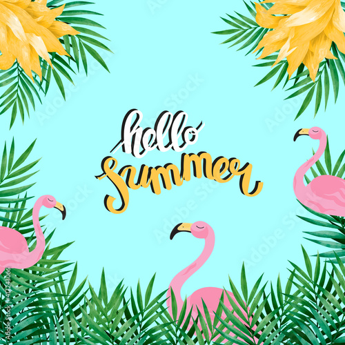 A ''Hello Summer'' poster, banner, postcard for summer topics on websites, blogs for print. A flat illustration.
