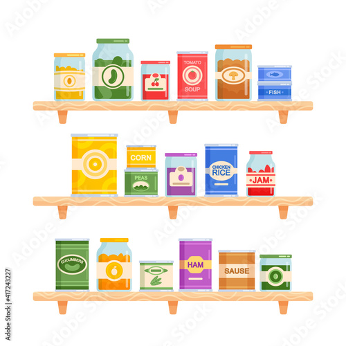 Set Icons Canned Food Theme. Various Tin Cans and Glass Jars Stand on Shelves. Marinated and Pickled Vegetable or Fruits