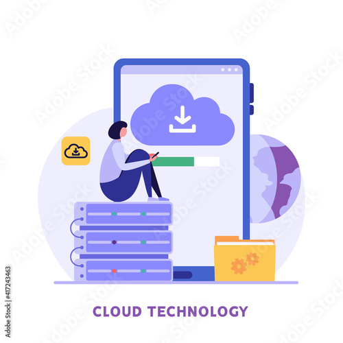 Cloud technology. People storing data on cloud server. Concept of cloud computing, online database, web hosting, web data center.  Vector illustration for web banner, infographics, mobile app