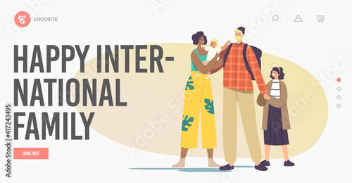 Happy International Family Landing Page Template. Interracial Parents and Kids. Multicultural and Multiracial Characters