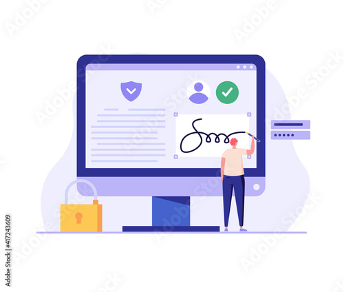 Businessman signing contract with digital pen on phone. Digital signature, business contract, electronic contract, e-signature concept. Vector illustration in flat design for web banner, mobile app