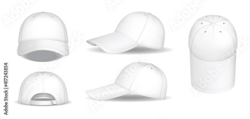 Set of white baseball caps. Realistic caps mockups, front, side and back view