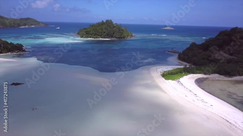 drone flight over Saint-Anne Marine Park with white sandbars, blue sea, green islands