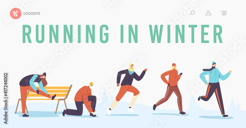 Characters Winter Running. Landing Page Template. Sport Jogging Competition. Athlete Sprinters Sportsmen and Sportswomen