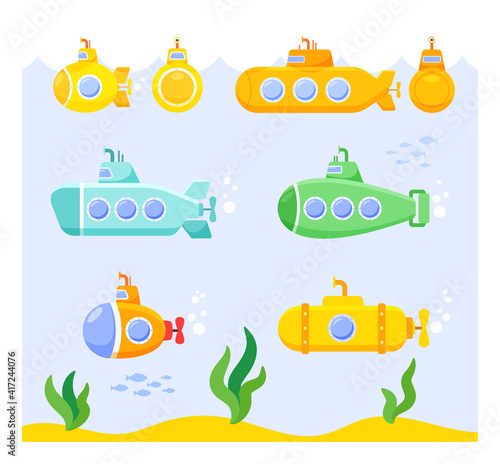 Set of Cartoon Submarines on Underwater Seascape Background with Weeds and Fish. Colorful Cute Water Transportation