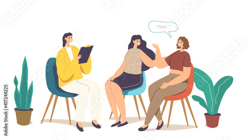 Group Therapy, Psychotherapeutic Meeting, Psychological Aid for Women. Female Characters Sit on Chairs in Circle Talking
