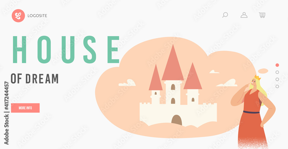 House of Dream Landing Page Template. Young Woman in Crown on Head Imagine herself as Princess Dreaming on Pink Castle