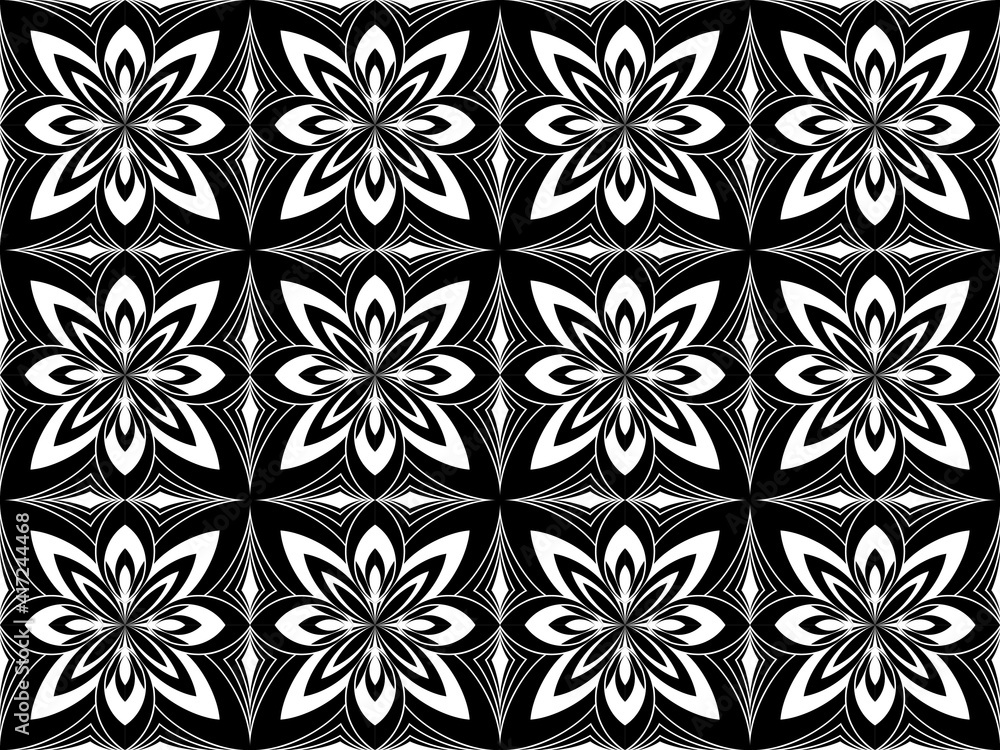 Seamless of abstract pattern. Design tile of lotus white on black. Design print for illustration, texture, textile, wallpaper, background.