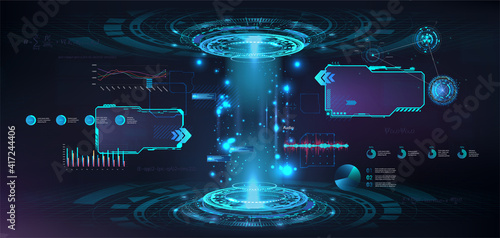 Futuristic circle 3D lab with HUD elements interface UI, GUI, Web presentation. 3D stage hologram with glow, light effects. Sci-fi digital podium with projector. Magic podium for show your product