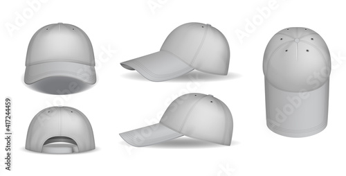 Caps mockup. Realistic gray baseball caps template isolated on white background