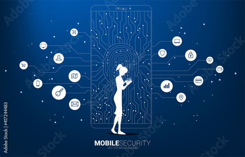 woman with mobile phone and thumbprint and lock pad icon in mobile from dot and line circuit board style. background concept for finger scan technology and privacy access.