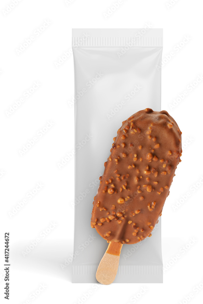 Chocolate popsicle with nuts and clean package isolated. 3D rendering and photo. Chocolate popsicle with nuts and clean package isolated. 3D rendering and photo.