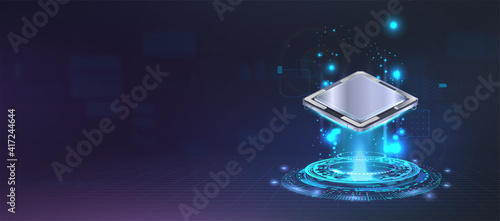 Presentation microchip processor with lights and glow effects. Futuristic CPU AI, Quantum computing, Big data concept. Web banner central computer processors. Digital microchip CPU. Vector banner
