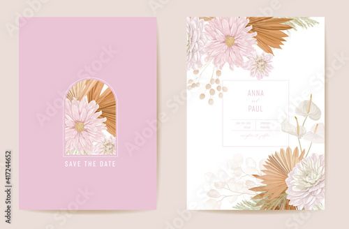Wedding dried lunaria, dahlia, pampas grass floral Save the Date set. Vector exotic dry flower, palm leaves