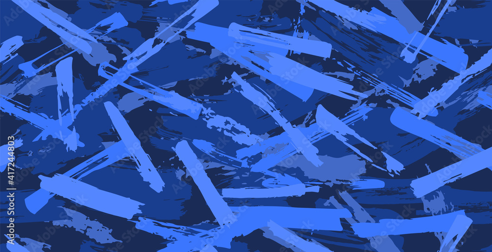 Blue Seamless camouflage pattern of brush strokes, perfect for clothes. Shades of blue. Artwork grunge pattern. Seamless camouflage of grunge strokes. Vector illustration of brush strokes for print.