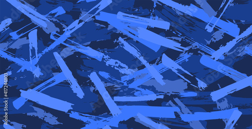 Blue Seamless camouflage pattern of brush strokes, perfect for clothes. Shades of blue. Artwork grunge pattern. Seamless camouflage of grunge strokes. Vector illustration of brush strokes for print.