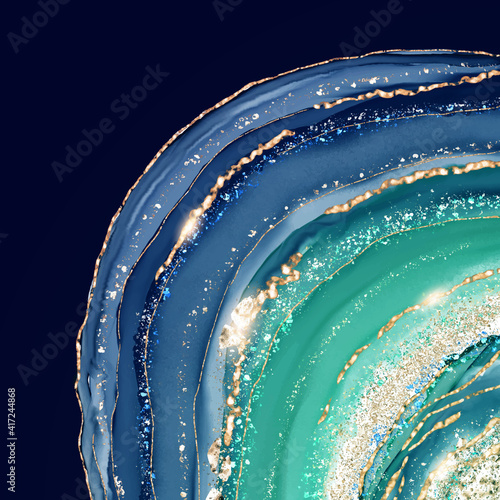 Abstract dark turquoise liquid watercolor background with golden crackers. Blue and black geode with glitter kintsugi and alcohol ink effect. Vector illustration design template for wedding