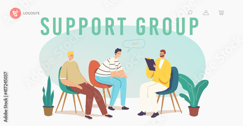 Group Therapy, Counseling, Psychology Help Landing Page Template. Characters Suffer of Mental Problems Support Meeting
