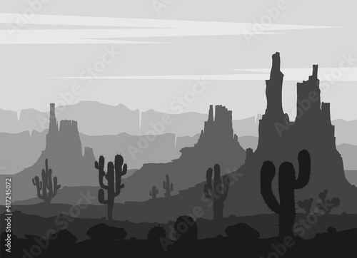 Set of desert landscapes with cacti, succulents, rocks and mountains. Vector illustration for travel banner.