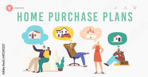 Home Purchase Plans Landing Page Template. Characters Dream of House. Diverse People Businessman, Bum Imagine House