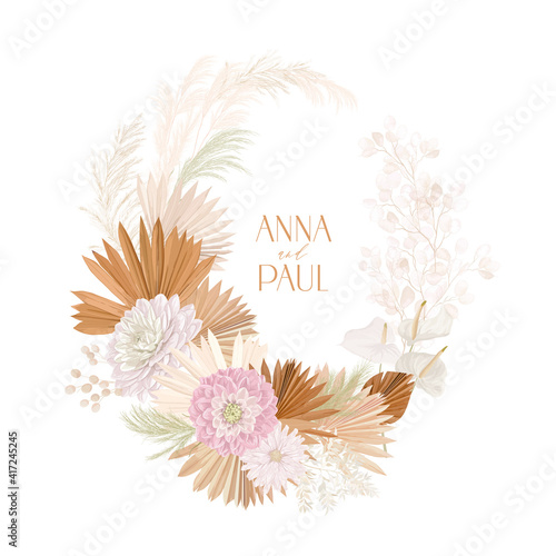 Wedding dried lunaria, dalia, pampas grass floral wreath. Vector Exotic dried flowers, palm leaves boho