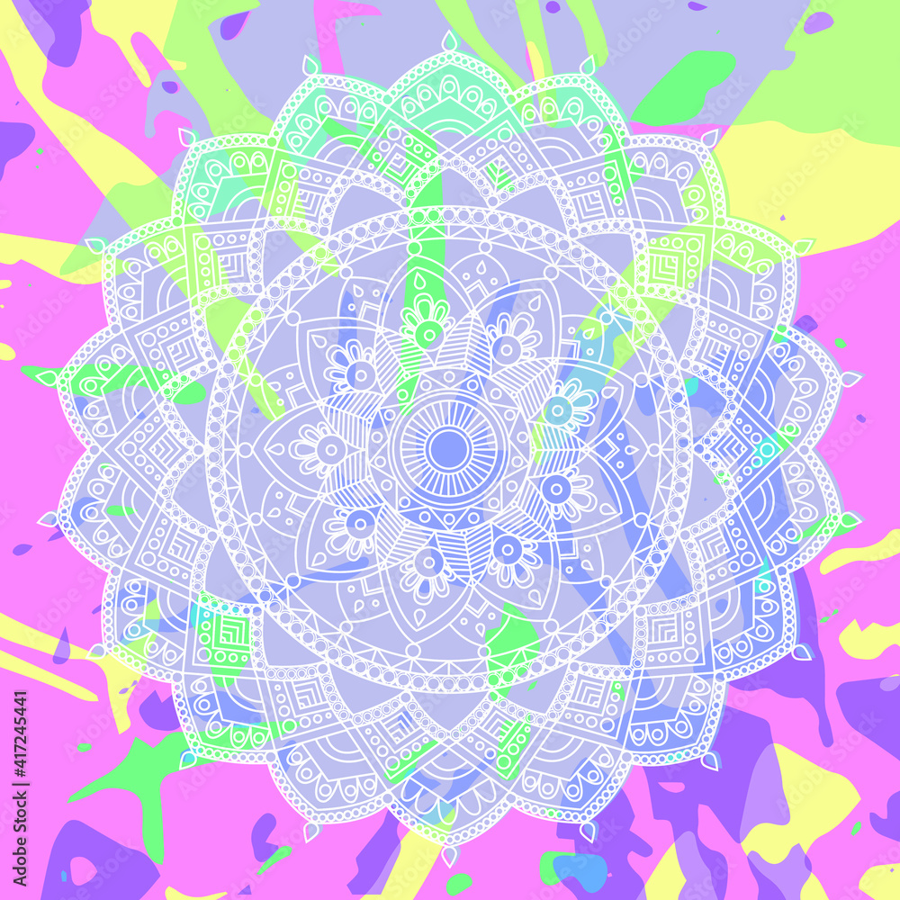 White lace mandalas on a colorful background.