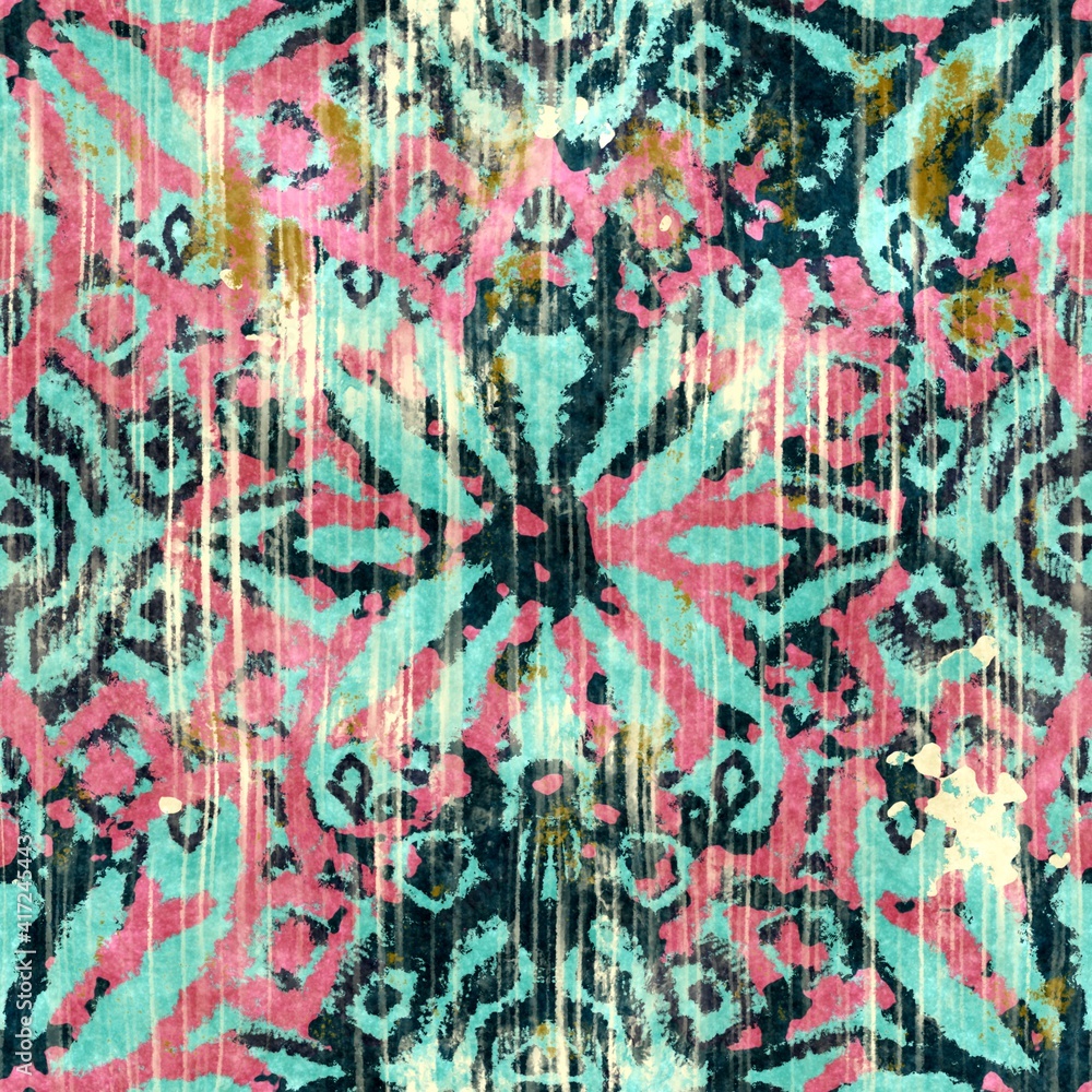 Seamless grungy tribal ethnic rug motif pattern. High quality illustration. Distressed old looking native style design in teal, pink, navy, and gold colors. Old artisan textile seamless pattern. Seamless grungy tribal ethnic rug motif pattern. High quality illustration. Distressed old looking native style design in teal, pink, navy, and gold colors. Old artisan textile seamless pattern.