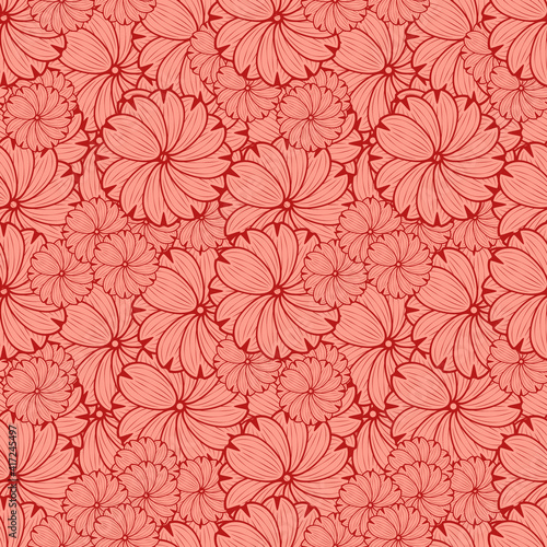 Floral seamless pattern in art Nouveau style. Decorative pattern with stylized asters in red tones for fabrics  wrapping paper or wallpaper. Vector illustration.