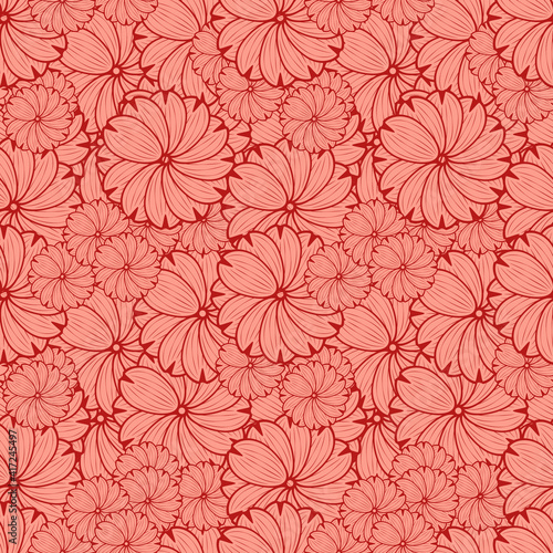 Floral seamless pattern in art Nouveau style. Decorative pattern with stylized asters in red tones for fabrics, wrapping paper or wallpaper. Vector illustration.