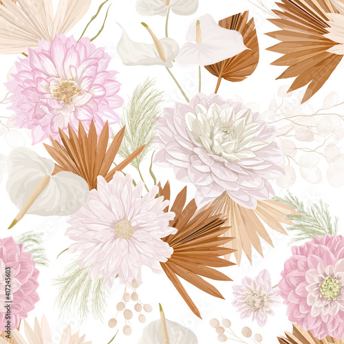 Foto Watercolor dahlia flower, palm leaves, pampas grass, lunaria vector seamless background