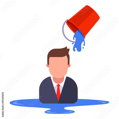 a man in a business suit is poured with water from a bucket. flat vector illustration isolated on white background.