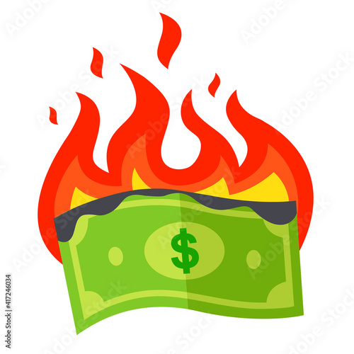 the burning dollar bill burns out. a waste of money. flat vector illustration.