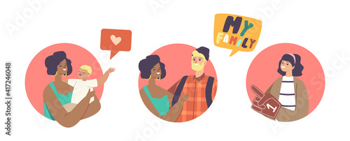 Multicultural, Multiracial Family Characters Caucasian Father, African American Mother Holding Baby on Hands Round Icons