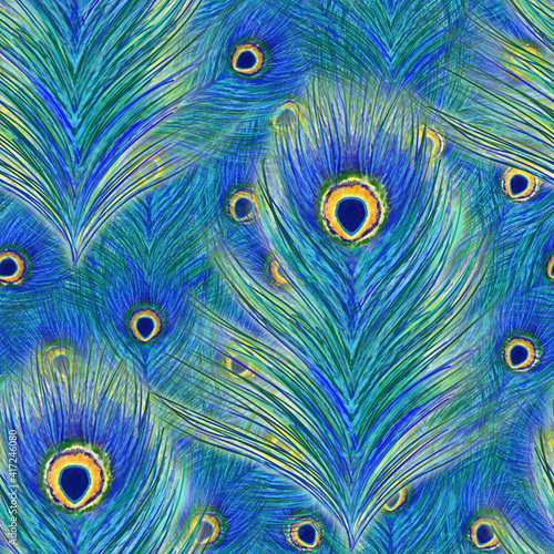 Hand drawn digital seamless pattern with peacock's feathers