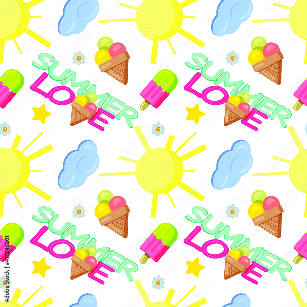 funny summer vector seamless pattern with clouds, sun, ice cream. Vector illustration funny summer vector seamless pattern with clouds, sun, ice cream. Vector illustration