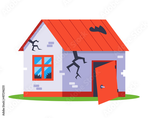 old broken brick house to be demolished. flat vector illustration isolated on white background.