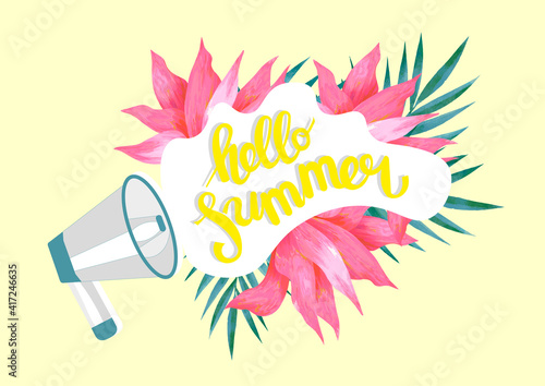 A ''Hello Summer'' poster, banner, postcard for summer topics on websites, blogs for print. A flat illustration.