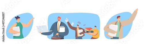 Set of People with Paper Work. Business Characters with Big Heap of Documents and Folders. Office Employees at Job