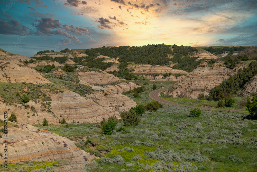 Sunset over the badlands of North Dakota USA. Outdoor scenic view 
