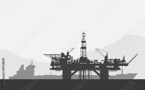 Sea offshore oil drilling rig and tanker silhouettes. Detail black and white vector illustration.