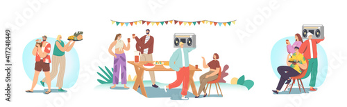 Set Happy Family or Friends Celebrate Garden Party. Male or Female Characters Sitting at Table, Eating and Communicate