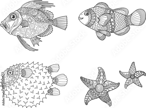 sea life set coloring page mandala design. print and t-shirt design
